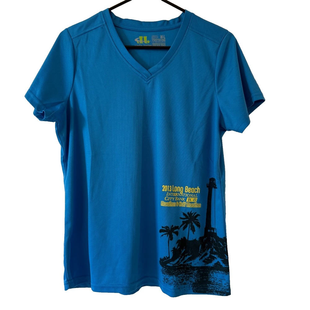 2013 Long Beach Marathon Shirt Womens L Blue Cheetah Dri V-Neck